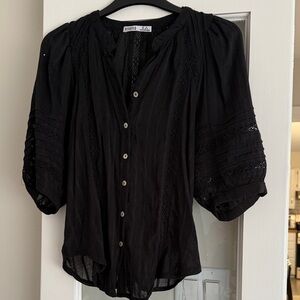 Devoted Heart Black Lace-Trim Button Blouse